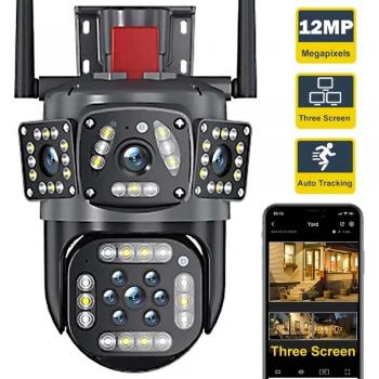 Cámara WiFi para exteriores PTZ 360° con seguimiento de movimiento AI, multi-lentes y tres pantallas, videovigilancia 12 MP 6K