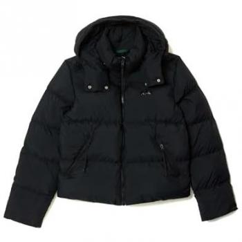 Chaqueta Lacoste Sport Puffer negra para mujer con capucha y cierre de cremallera, talla 40