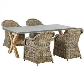 Conjunto de Comedor de Jardín con Mesa de Hormigón Natural y 4 Sillas de Ratan con Cojines de Algodón