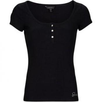 Camiseta Guess Karlee Jewel Botones Henley para mujer en negro, ajuste slim fit
