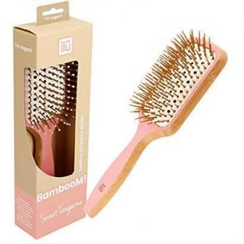 Ilū Bamboom Detangling Paddle Brush - Pink Square, features a bamboo handle, flexible bristles for easy detangling, ergonomic design for comfortable grip, suitable for all hair types, and promotes healthy hair by minimizing breakage