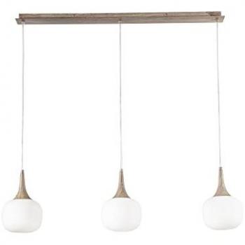 Lámpara de techo lineal Jaipur en metal color madera con tres difusores de vidrio