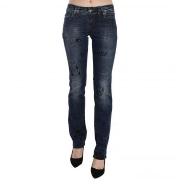 Blue Newspaper Print Low Rise Skinny Jeans - W25