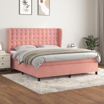 Cama box spring con colchón de muelles en terciopelo rosa 180x200 cm