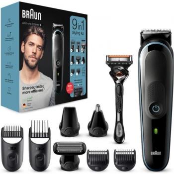 Braun MGK5380 9-en-1 Recortadora de Barba y Cortapelos Todo en Uno con Maquinilla Gillette Fusion5 ProGlide, Negro/Azul