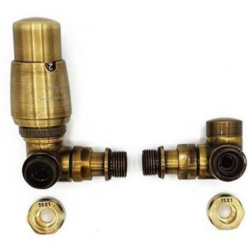 Radiador de Doble Tubería con Válvula Termostática y Válvula de Cierre Angulada en Bronce Antiguo, Versión Izquierda, Conectores de Cobre (Cu)