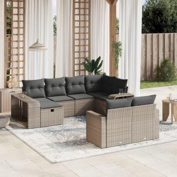 10-Piece Grey Poly Rattan Garden Sofa Set with Cushions