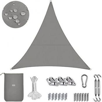 Sekey Toldo Vela de Sombra Impermeable 3.6x3.6x3.6m Triangular con Cuerda y Kit de Montaje Protección Rayos UV, Resistente al Desgarro, para Terraza Balcon Patio Exteriores Jardín, Gris Claro