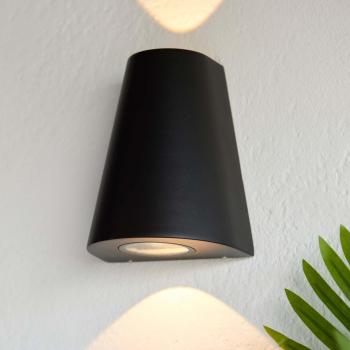 Aplique de jardín Helm, lámpara de pared LED integrada para exteriores, aluminio con acabado en negro texturizado, cristal negro transparente texturizado, 2 bombillas, dimensiones 8.8 cm, protección IP44