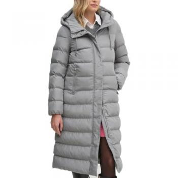 Geox Anylla Women's Long Hooded Puffer Jacket - Regular Fit - Ghost Grey