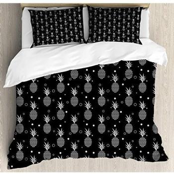 Juego de sábanas tropicales de 3 piezas Juego de funda nórdica, piñas monocromas con diseño abstracto en zigzag sobre fondo de escala de grises, juego de fundas de edredón / edredón de 3 piezas con 2