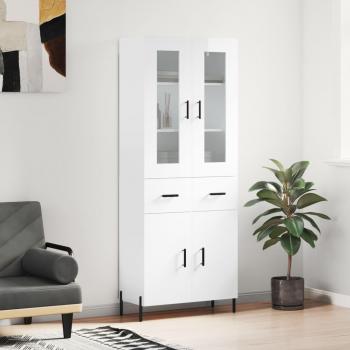 Aparador alto de madera contrachapada blanco brillo 69,5x34x180 cm con 2 puertas y 2 cajones, mueble de almacenaje para salón, buffet y armario auxiliar