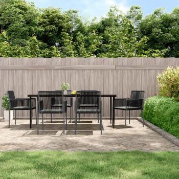 7-Piece Black Poly Rattan and Steel Garden Dining Set with Cushions