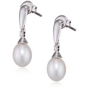 9ct White Gold Freshwater Pearl and Diamond Drop Earrings