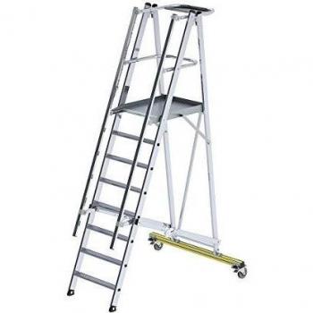 Escalera de Plataforma de Aluminio Plegable y Móvil, 8 Peldaños, Altura de Trabajo hasta 3.85 m, con Barandilla Tripartita