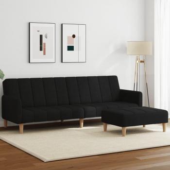 Sofá Cama de 2 Plazas con Taburete, Tela Negra, Plegable y Reposapiés