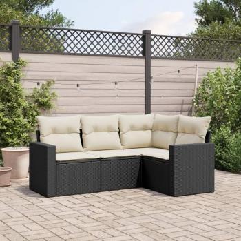 4-Piece Black Poly Rattan Garden Sofa Set with Cushions