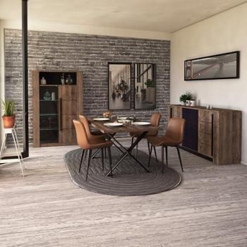Pack Muebles de Salón Industrial Mónaco en Roble Oscuro y Negro con Vitrina, Mesa de Comedor y Aparador