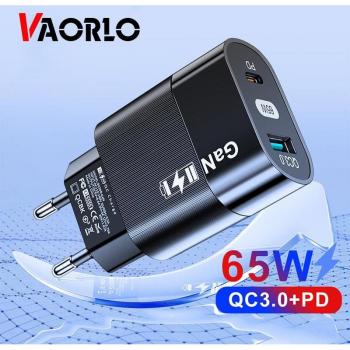 Cargador Rápido VAORLO GaN 65W QC3.0 USB con Carga PD para Enchufe EU/US - Cargador de Pared de Alta Calidad Color Negro