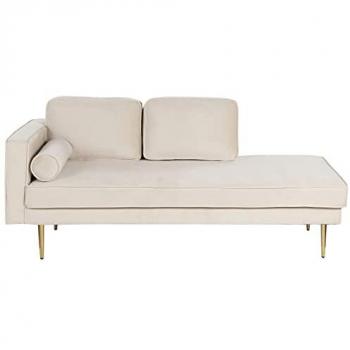 Chaise longue tapizado en terciopelo beige dorado versión izquierda con patas de metal, diseño moderno Miramas
