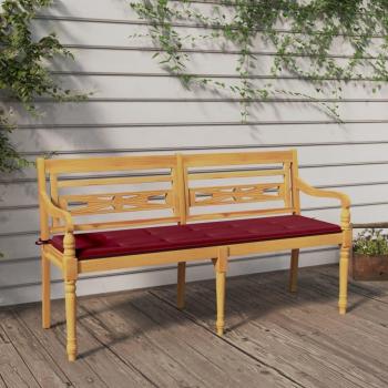 Banco Batavia con cojín rojo vino, madera maciza de teca, 150 cm