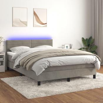 Cama box spring con colchón de muelles y terciopelo gris claro 140x200 cm con LED