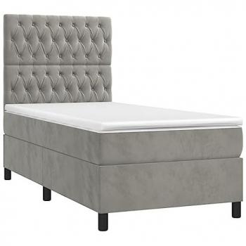 Cama box spring con colchón terciopelo gris claro 90x190 cm, incluye colchón viscoelástico, espuma, protector, muelles ensacados, adaptable y acolchado reversible