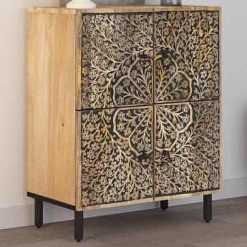 Armario auxiliar de madera maciza de mango 60x33x75 cm, mueble de almacenaje de salón con puertas y cajón, buffet moderno en color marrón