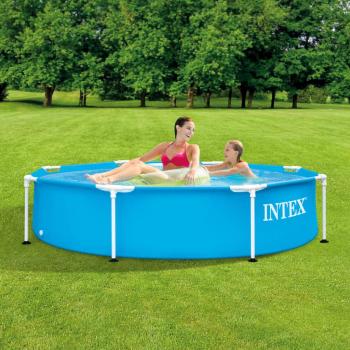 Piscina Metal Frame 244x51 cm Intex, estructura metálica, tamaño 244 cm de diámetro y 51 cm de altura, fácil de montar, incluye depuradora de cartucho, resistente a la corrosión, fabricada con