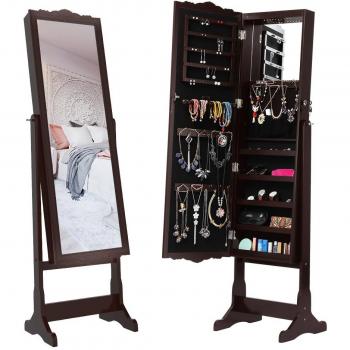 LANGRIA Joyero Espejo de Pie Armario para Joyas y Maquillaje Espejo de Cuerpo Entero 5 Baldas Interiores Espejo de Maquillaje Interno con Luces LED para Anillos Pendientes Collares Cosméticos