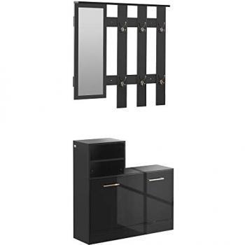 Conjunto de Recibidor de Entrada HOMCOM con Espejo, Perchero y Zapatero, 6 Ganchos, Estantes para 8 Pares de Zapatos, Color Negro Brillante, Dimensiones 85 x