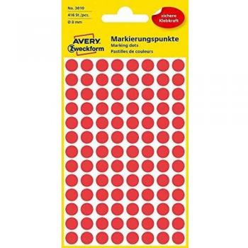 Puntos de marcación autoadhesivos AVERY Zweckform 3010, Ø 8 mm, rojos, 416 etiquetas en 4 hojas