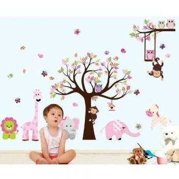 Bosque de monos de animal de la selva, la ardilla y el juego de columpio búho en hojas de colores Tree Vinilos decorativos etiqueta de la pared