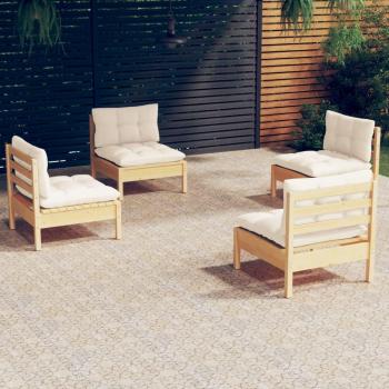 4-Piece Pinewood Garden Lounge Set with Cream Cushions