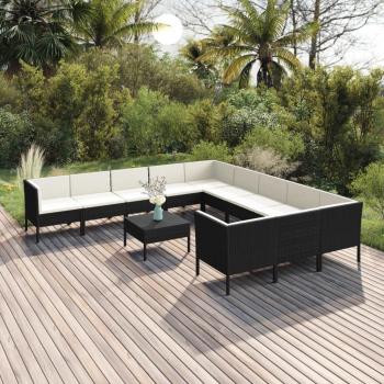 12-Piece Black Poly Rattan Garden Lounge Set with Cushions