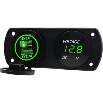 Cargador Rápido USB Dual 12V-24V con Voltímetro LED para Panel Marino de Coche y Motocicleta