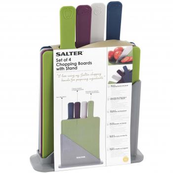 Salter BW04768 Juego de Tabla de Cortar Estilo índice con paletas rectangulares con Indicadores de preparación de Alimentos, Soporte Antideslizante, Apto para lavavajillas, Multicolor, Juego de 4