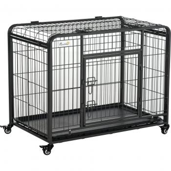 PawHut Jaula de Metal para Perros Plegable con Ruedas y Frenos Bandeja Extraíble Puerta con Pestillos 125x76x81 cm Gris Oscuro