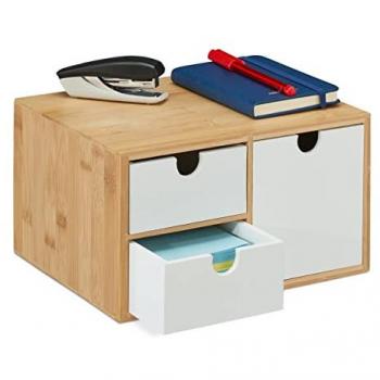 Organizador de Escritorio de Bambú y MDF con 3 Cajones para Oficina, Dimensiones 14,5x25x20cm, Color Natural y Blanco