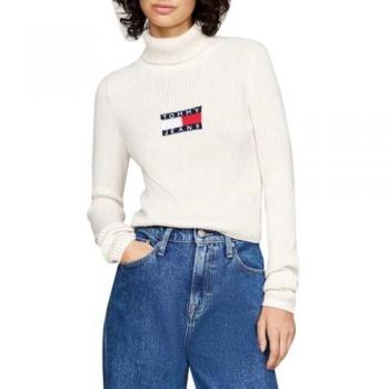Tommy Jeans Women's Slim Fit High Neck Sweater with Logo, Ancient White, Size XS
