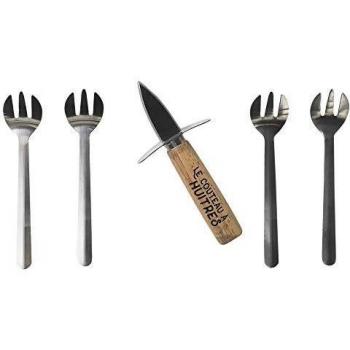 Cofre para Ostras con Cuchillo y 4 Tenedores - Gris/Inox/Beige - COOK CONCEPT - Dimensiones: 20 x 18 x 3 cm, Material: Madera-Acero