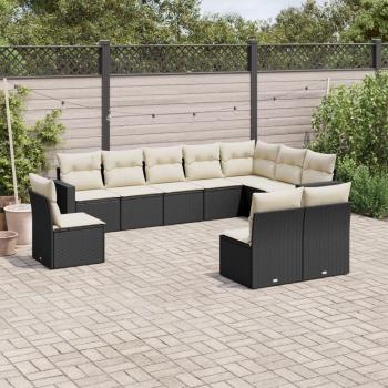 10-Piece Black Poly Rattan Garden Sofa Set with Cushions