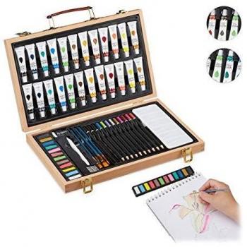 Maletín de Pintura y Dibujo Relaxdays, 56 Accesorios, Lápices de Colores, Goma, Sacapuntas, Acuarelas en Madera Natural