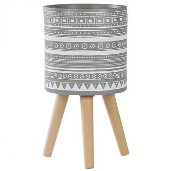 Maceta Boho Gris Claro 30 x 30 x 31 cm con Patrón Pintado a Mano y 3 Patas de Haya para Interior y Exterior