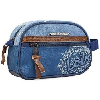 Lois - Neceser de Viaje, Bolsa de Aseo de Lona Estampada y Bordada Flores. asa Lateral práctica cómoda y Bonito diseño Marca Moda y Calidad. 301527, Color Azul