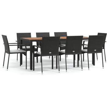 9-Piece Black Poly Rattan Garden Dining Set with Cushions