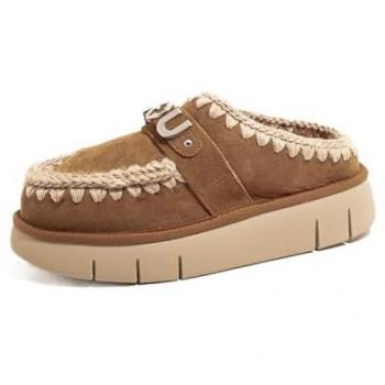 Mou Women's Brown Sheepskin Bounce Clog Sandals with Metal Logo