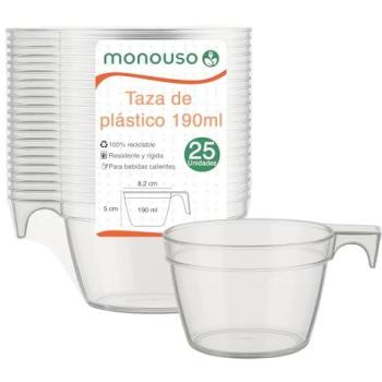 Taza Reutilizable de Plástico Transparente 190ml - Pack de 25 Unidades, Apta para Microondas y Bebidas Frías y Calientes
