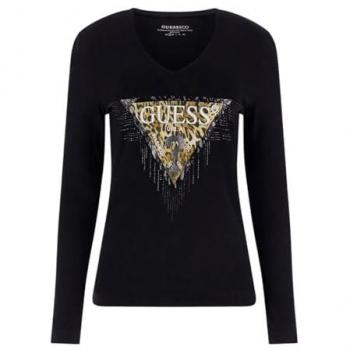 Guess Long Sleeve Triangle Tiger Logo T-Shirt for Women, Black, Size L