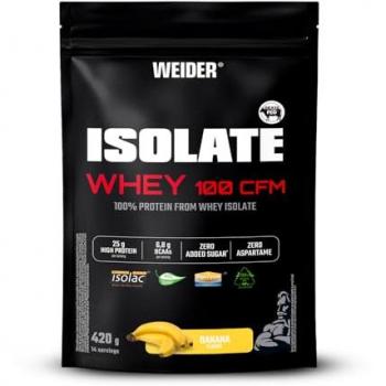 Weider Isolate Whey 100 CFM 420g Sabor Banana, 100% Aislado de Proteína de Suero de Leche, 25g Proteína/porción, Con Enzimas, Sin Azúcar